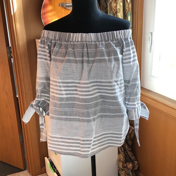 Talori off shoulder elastic neckline cotton grey and white stripe 3/4 sleeve M - Picture 1 of 6